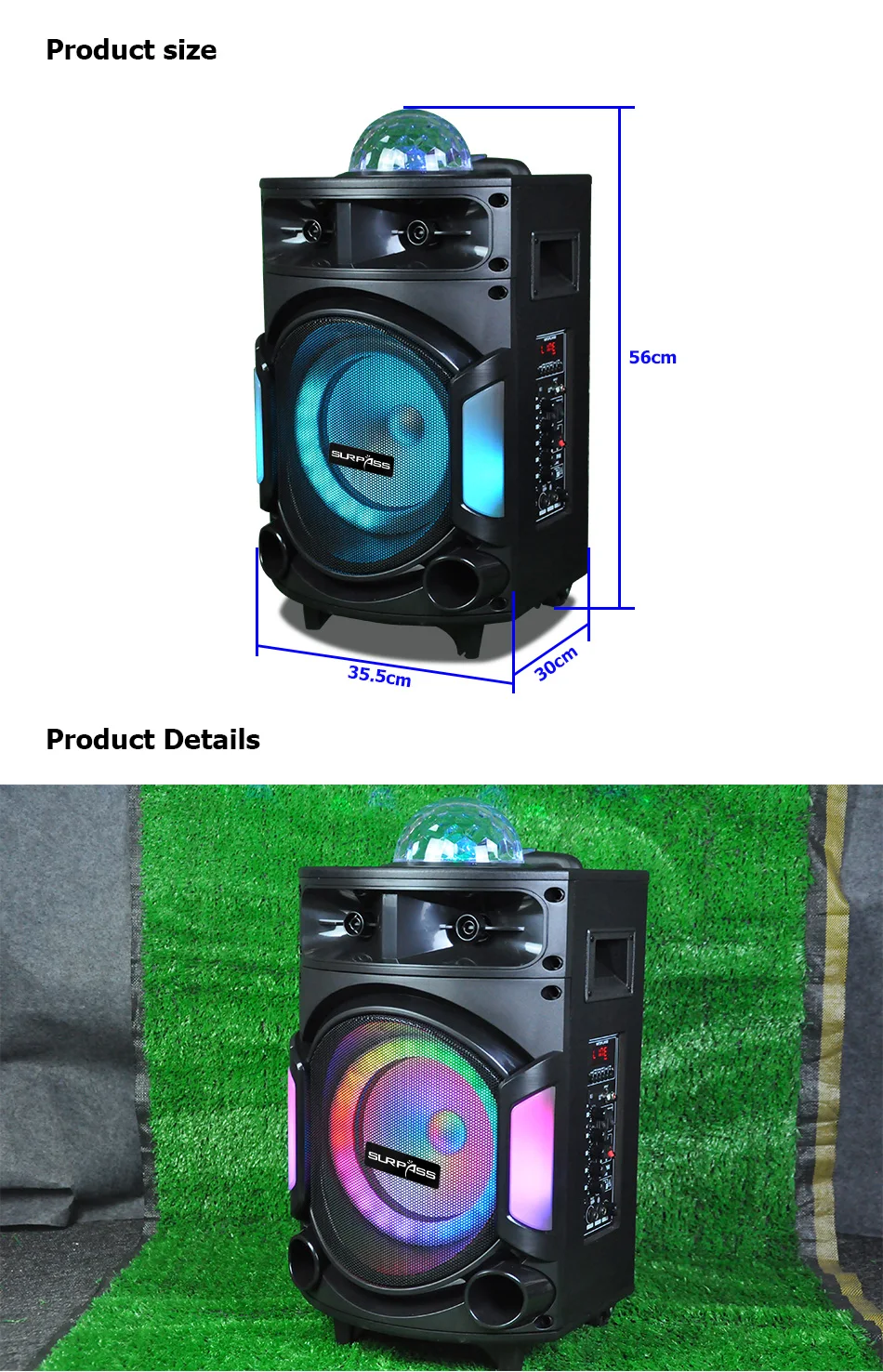 Trolley Sound Box Large Bluetooth Speaker 10 inch Big Powerful 200W Subwoofer Party Karaoke Colorful RGB light with Microphone