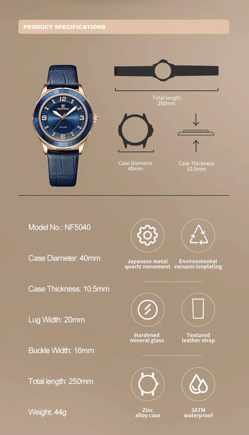 NAVIFORCE Original New Fashion Watch Leather Belt Women Wristwatches Simple Casual Ladies' Dress Quartz Clock Relogio Feminino