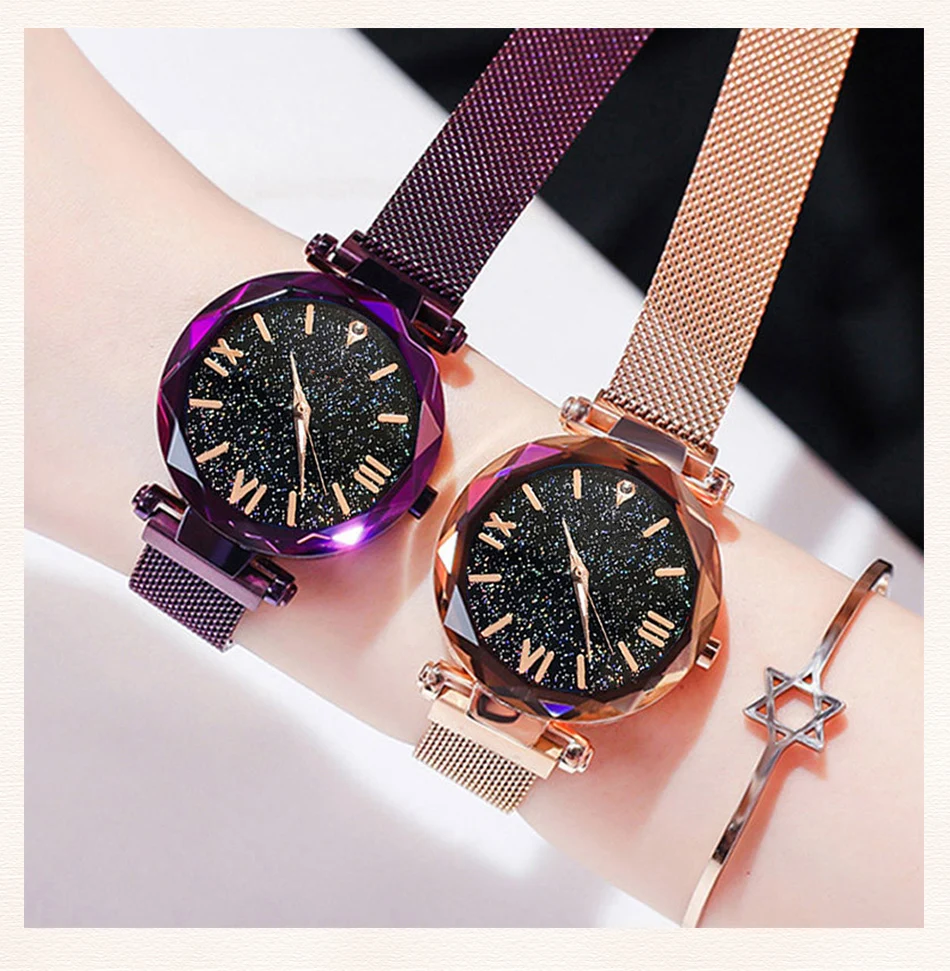 Womens Fashion Starry Sky Watches Magnet Buckle Mesh Belt Diamond Quartz Watch Women Dress Clock