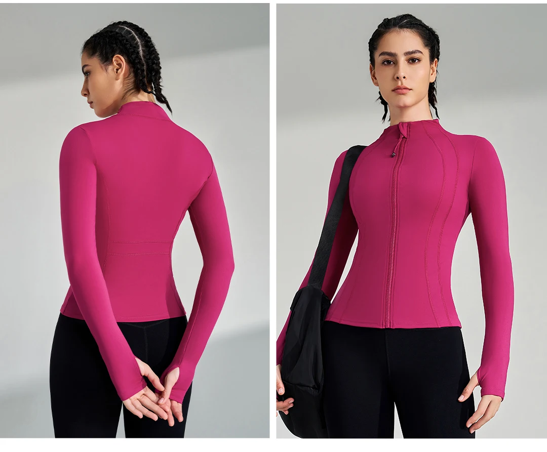 Gym Women's Full Zip Yoga Top With Thumbholes Fitness Running Jacket Stretch Fit Long Sleeve Round Neck Top Sportswear