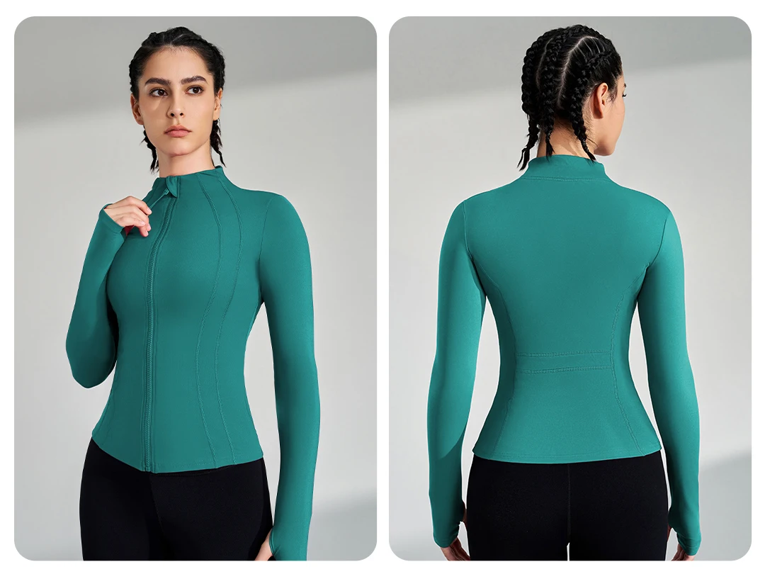 Gym Women's Full Zip Yoga Top With Thumbholes Fitness Running Jacket Stretch Fit Long Sleeve Round Neck Top Sportswear