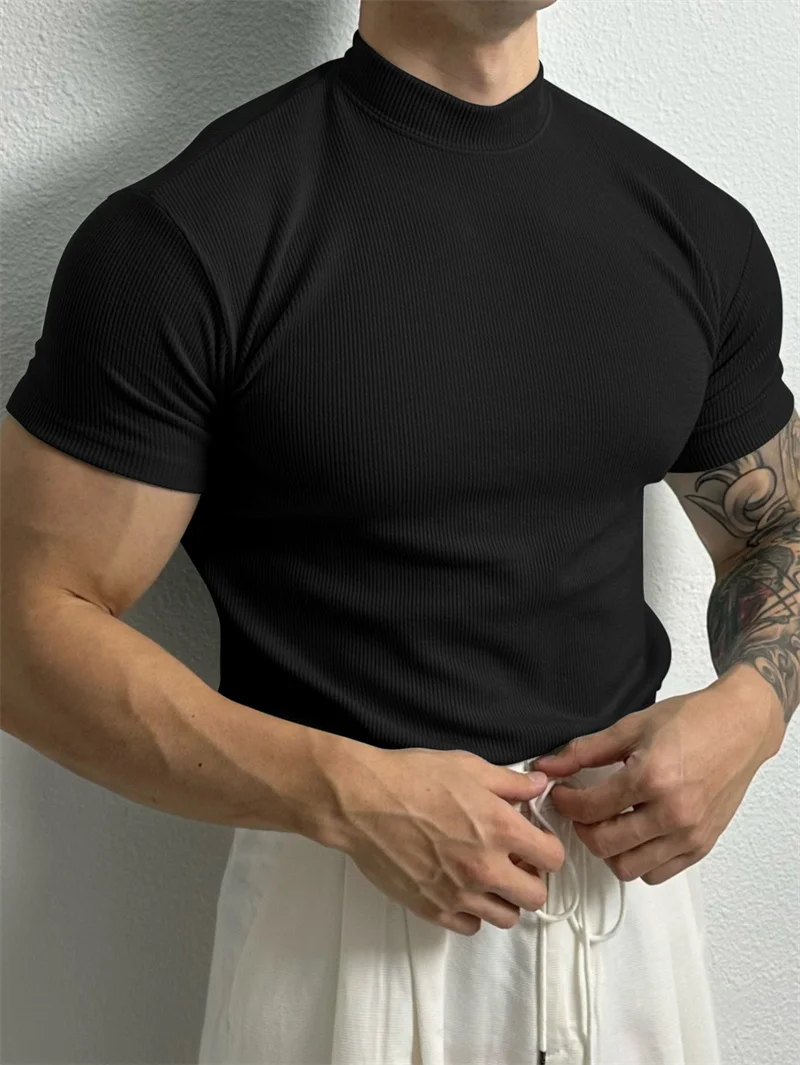 spring summer fashion Men's T-shirt Small high collar stripe shirt short sleeve fitness top leisure sport T-shirt Men sportswear