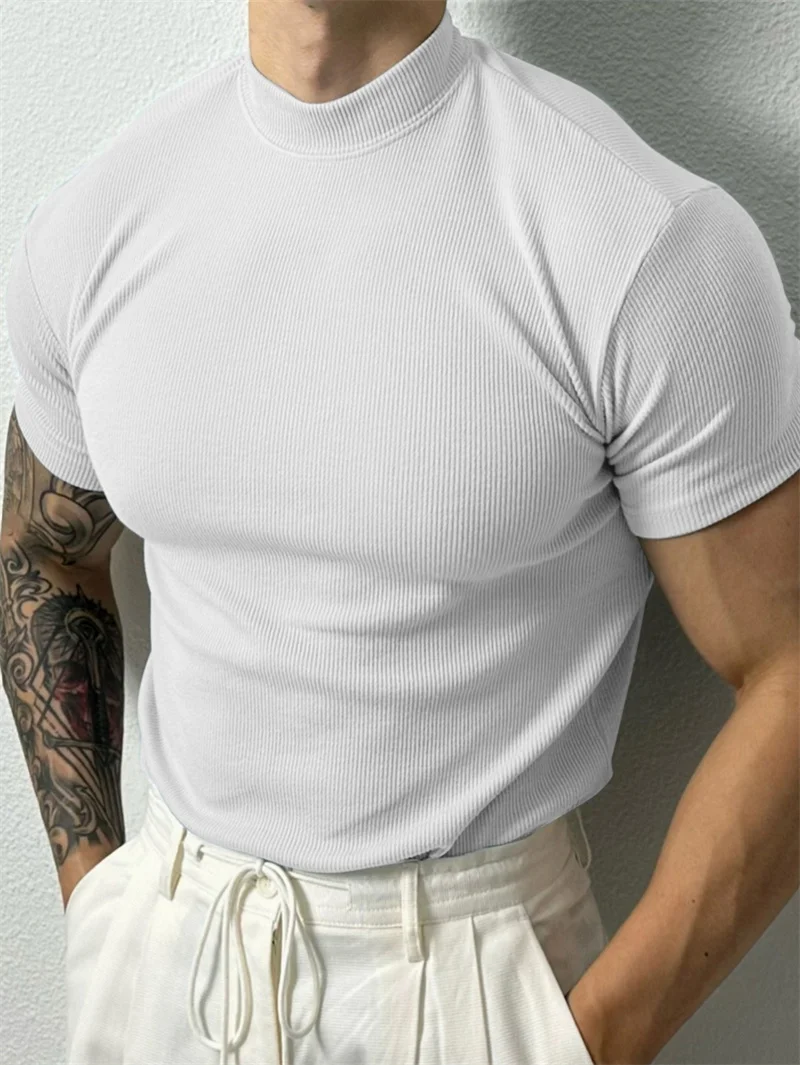 spring summer fashion Men's T-shirt Small high collar stripe shirt short sleeve fitness top leisure sport T-shirt Men sportswear