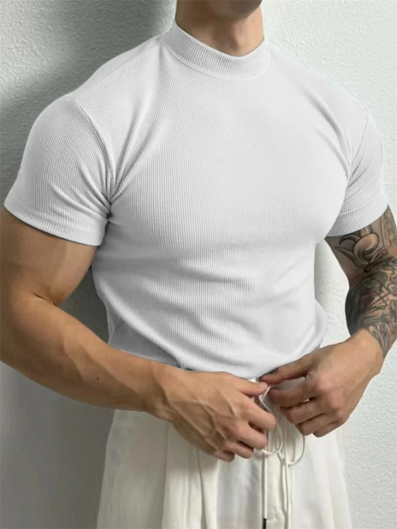 spring summer fashion Men's T-shirt Small high collar stripe shirt short sleeve fitness top leisure sport T-shirt Men sportswear