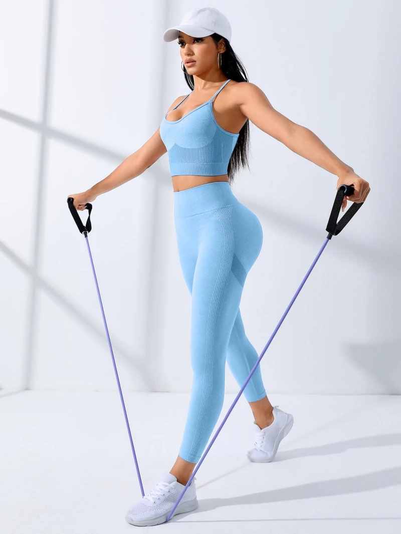 Women Yoga Set 2/Pcs Seamless Workout Outfits Yoga Sportswear Tracksuit Leggings And Thin Shoulder Strap Stretch Sports Bra Fitn