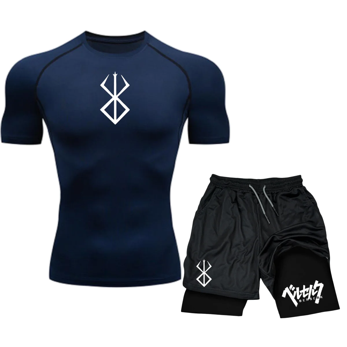 Men's Compression Sportswear Suit Gym Short Sleeved T-Shirt Sports Set Goku 2Pcs Workout Jogging Shorts 2 in 1 Fitness Tracksuit