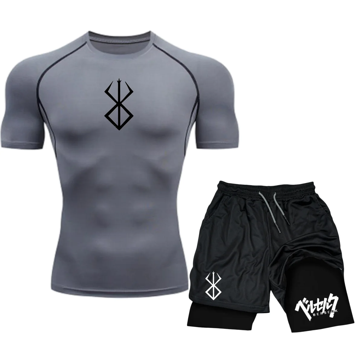 Men's Compression Sportswear Suit Gym Short Sleeved T-Shirt Sports Set Goku 2Pcs Workout Jogging Shorts 2 in 1 Fitness Tracksuit