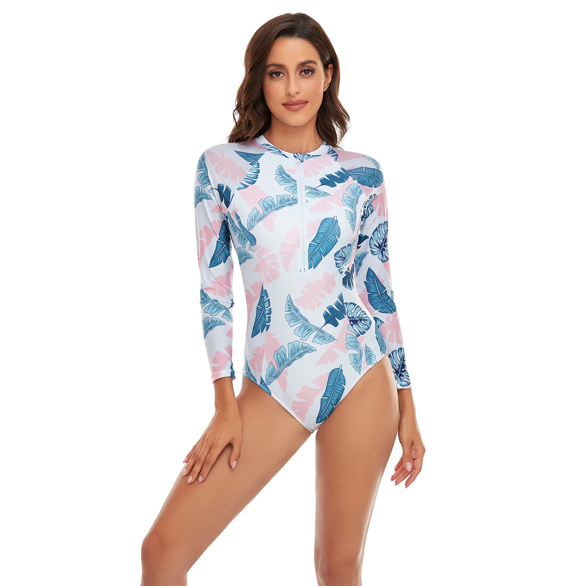 New Long Sleeve Printed One Piece Swimsuit Women Surfing Suit Wetsuit Fashion Bathing Swimming Suits Zipper Swimwear Woman