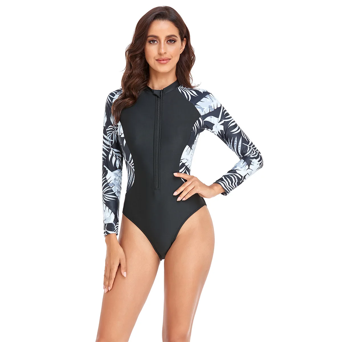 New Long Sleeve Printed One Piece Swimsuit Women Surfing Suit Wetsuit Fashion Bathing Swimming Suits Zipper Swimwear Woman