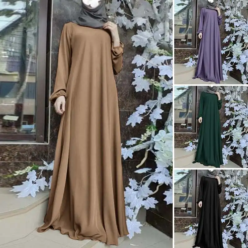 ZANZEA Muslim Women Summer Abaya Sundress Solid Islamic Clothing Marocain Vestido Robe Femme Fashion Long Sleeve Kaftan Dress