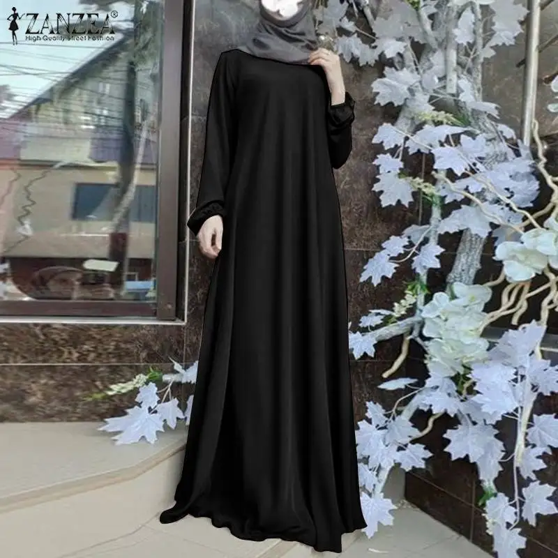 ZANZEA Muslim Women Summer Abaya Sundress Solid Islamic Clothing Marocain Vestido Robe Femme Fashion Long Sleeve Kaftan Dress