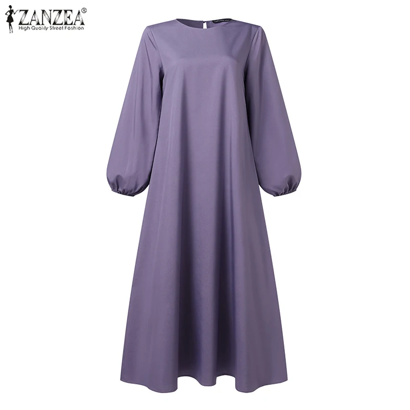 ZANZEA Muslim Women Summer Abaya Sundress Solid Islamic Clothing Marocain Vestido Robe Femme Fashion Long Sleeve Kaftan Dress