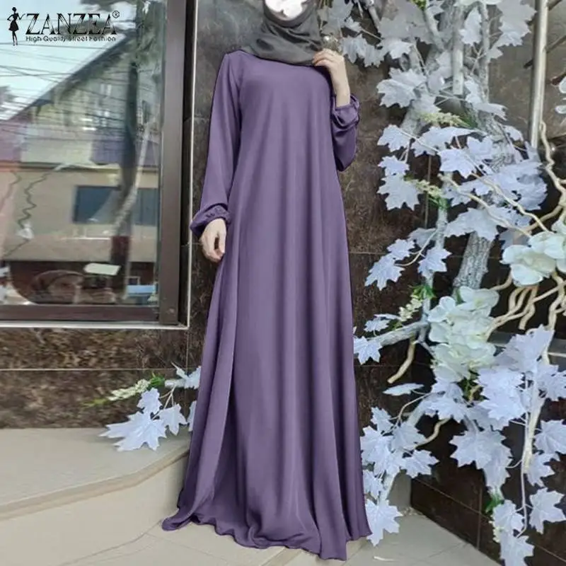 ZANZEA Muslim Women Summer Abaya Sundress Solid Islamic Clothing Marocain Vestido Robe Femme Fashion Long Sleeve Kaftan Dress