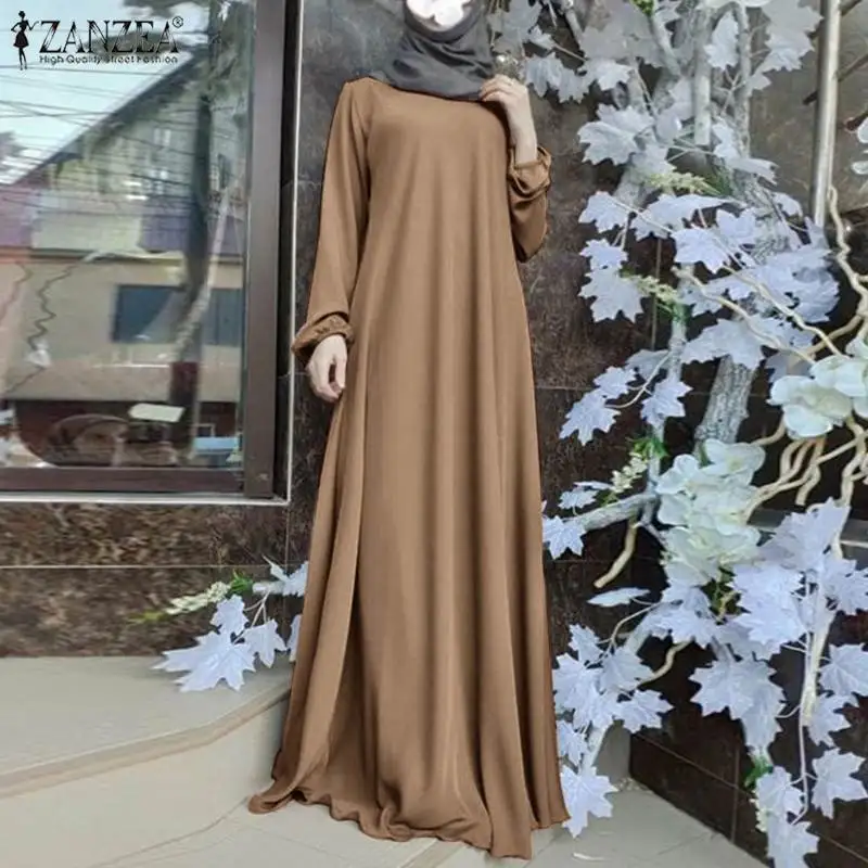 ZANZEA Muslim Women Summer Abaya Sundress Solid Islamic Clothing Marocain Vestido Robe Femme Fashion Long Sleeve Kaftan Dress