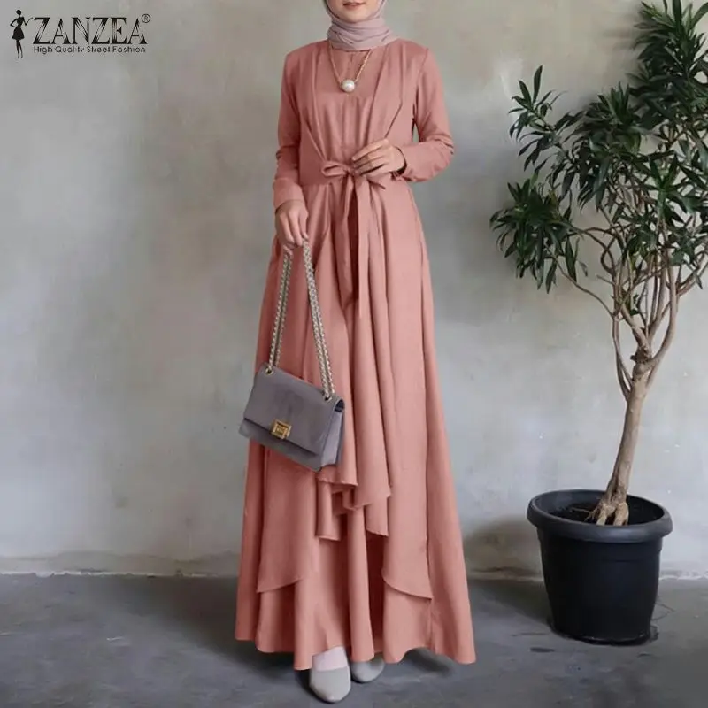 Irregular Hem Loose Long Dress Dubai Turkey Abaya Hijab Sundress Oversized ZANZEA Women Long Sleeve Muslim Kaftan Maxi Dresses