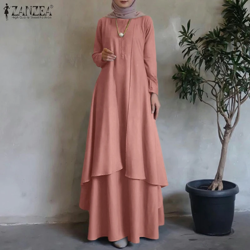 Irregular Hem Loose Long Dress Dubai Turkey Abaya Hijab Sundress Oversized ZANZEA Women Long Sleeve Muslim Kaftan Maxi Dresses