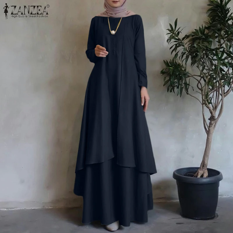 Irregular Hem Loose Long Dress Dubai Turkey Abaya Hijab Sundress Oversized ZANZEA Women Long Sleeve Muslim Kaftan Maxi Dresses