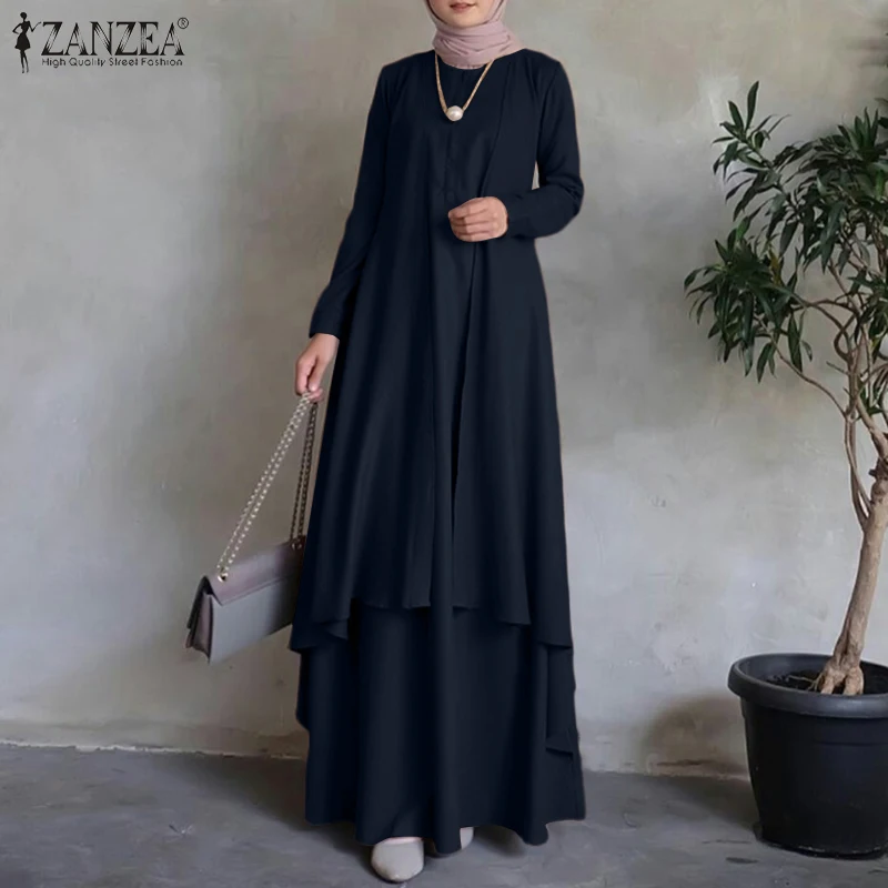 Irregular Hem Loose Long Dress Dubai Turkey Abaya Hijab Sundress Oversized ZANZEA Women Long Sleeve Muslim Kaftan Maxi Dresses