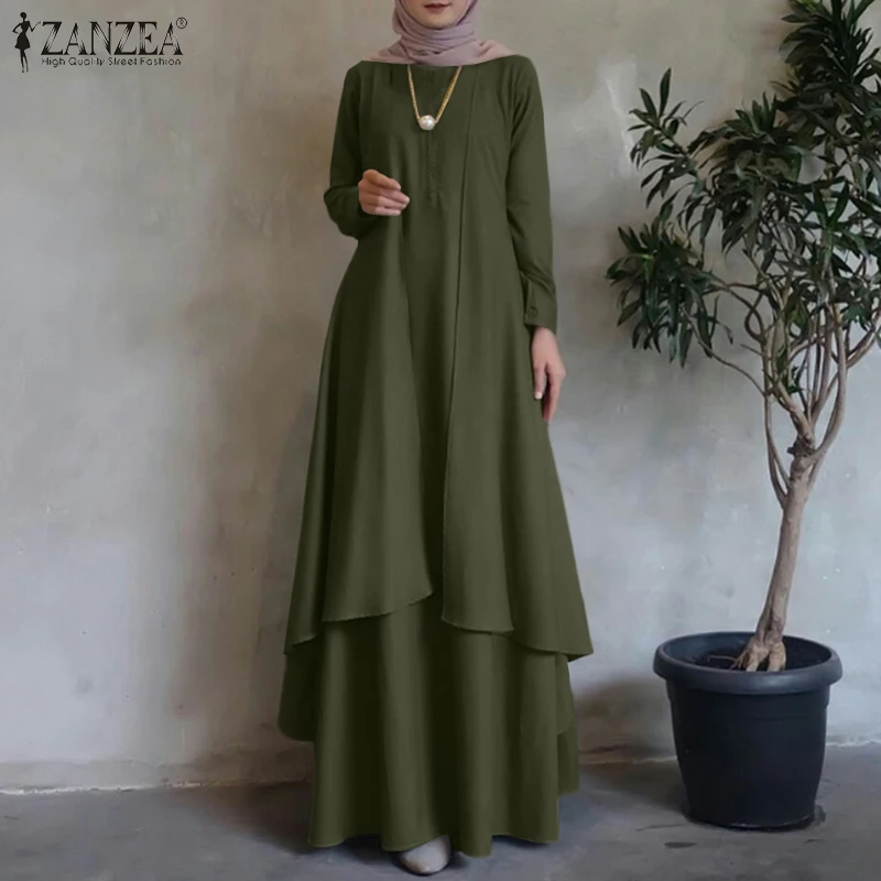 Irregular Hem Loose Long Dress Dubai Turkey Abaya Hijab Sundress Oversized ZANZEA Women Long Sleeve Muslim Kaftan Maxi Dresses