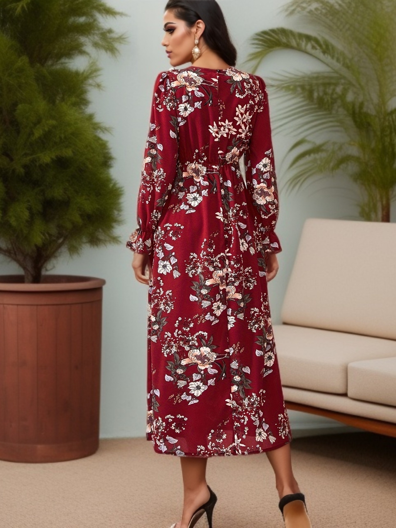 Women Eid Muslim Dresses Puff Sleeve O Neck Morocco Ramadan Flowers Party Dress Arab Kaftan Vestidos Slim Casual Long Robe