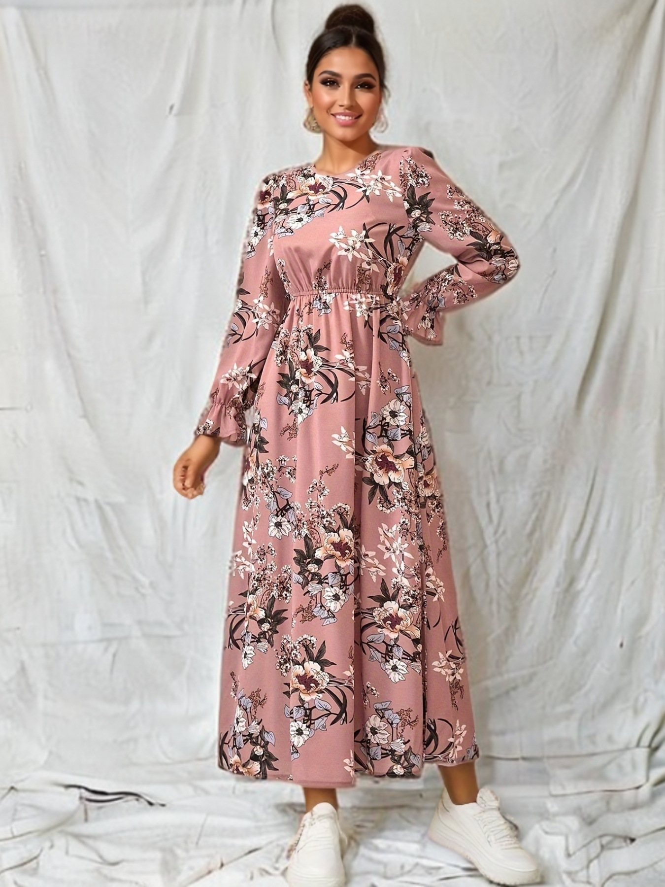 Women Eid Muslim Dresses Puff Sleeve O Neck Morocco Ramadan Flowers Party Dress Arab Kaftan Vestidos Slim Casual Long Robe