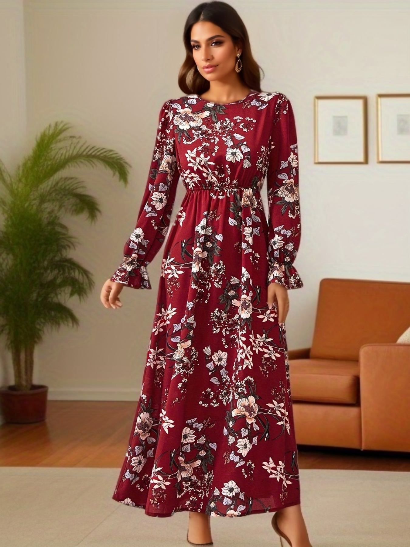 Women Eid Muslim Dresses Puff Sleeve O Neck Morocco Ramadan Flowers Party Dress Arab Kaftan Vestidos Slim Casual Long Robe