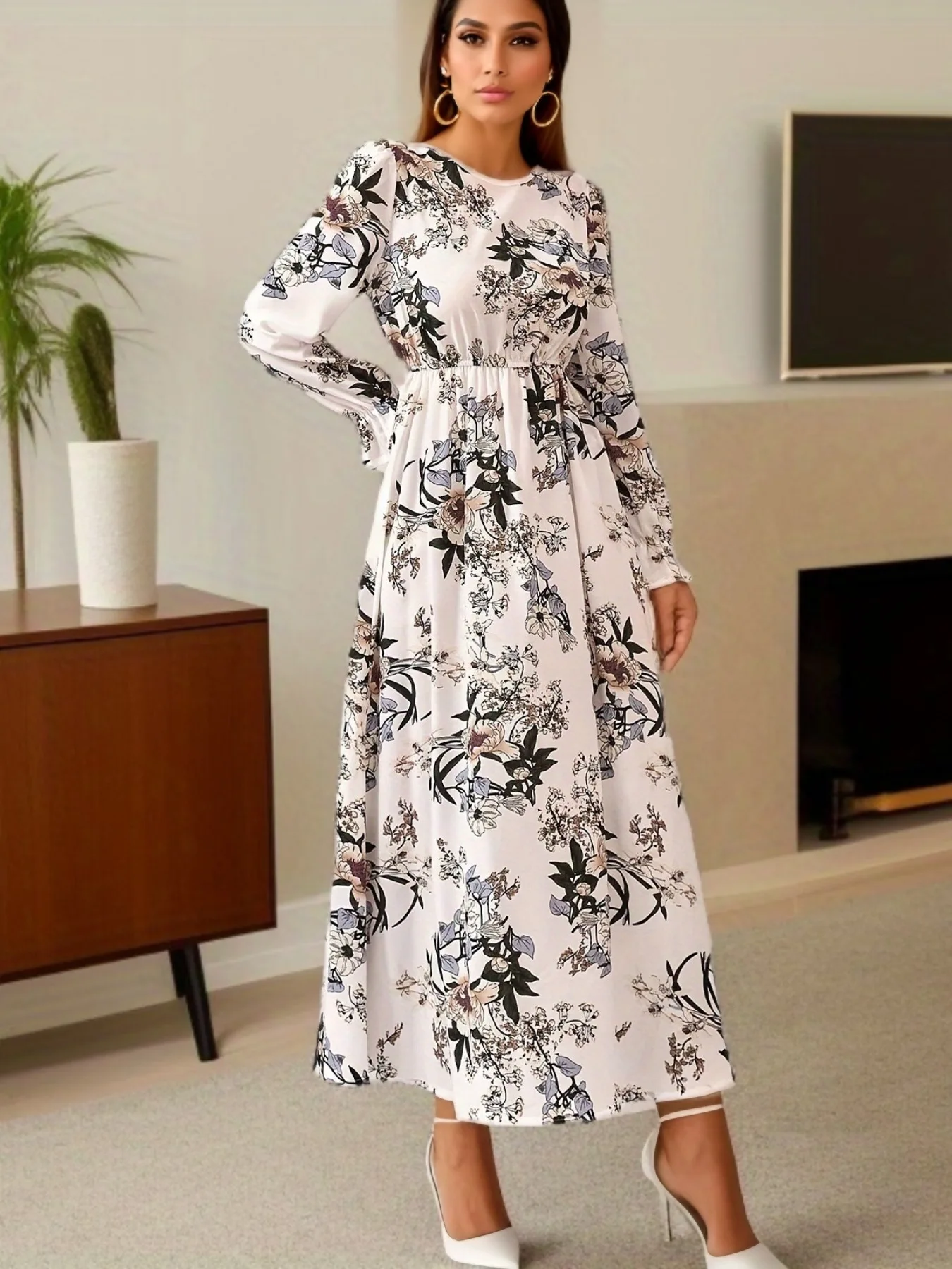 Women Eid Muslim Dresses Puff Sleeve O Neck Morocco Ramadan Flowers Party Dress Arab Kaftan Vestidos Slim Casual Long Robe