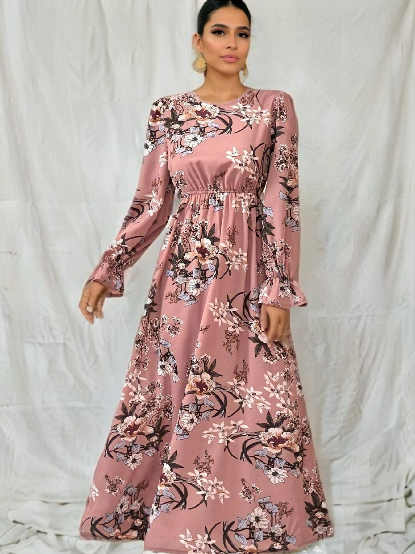 Women Eid Muslim Dresses Puff Sleeve O Neck Morocco Ramadan Flowers Party Dress Arab Kaftan Vestidos Slim Casual Long Robe