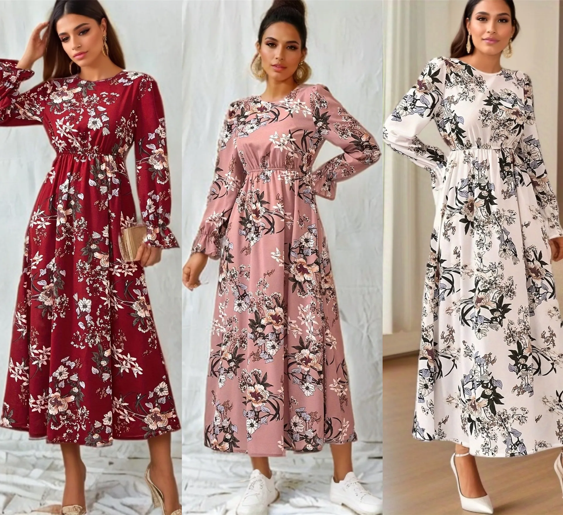 Women Eid Muslim Dresses Puff Sleeve O Neck Morocco Ramadan Flowers Party Dress Arab Kaftan Vestidos Slim Casual Long Robe