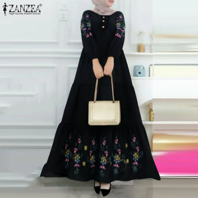 ZANZEA Bohemian Women Long Sleeve Floral Printed Maxi Dress Spring Muslim Dubai Turkey Vestido Robe Femme Abaya Hijab Sundress