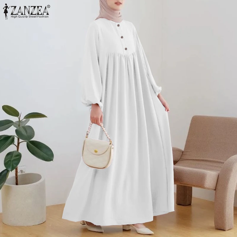 ZANZEA Muslim Fashion Dress Abaya IsIamic Clothing Women Elegant Long Sleeve Party Robe Vestidos Causal Loose Ramadan Sundress