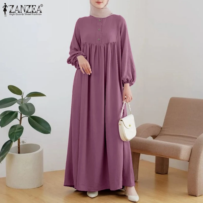 ZANZEA Muslim Fashion Dress Abaya IsIamic Clothing Women Elegant Long Sleeve Party Robe Vestidos Causal Loose Ramadan Sundress