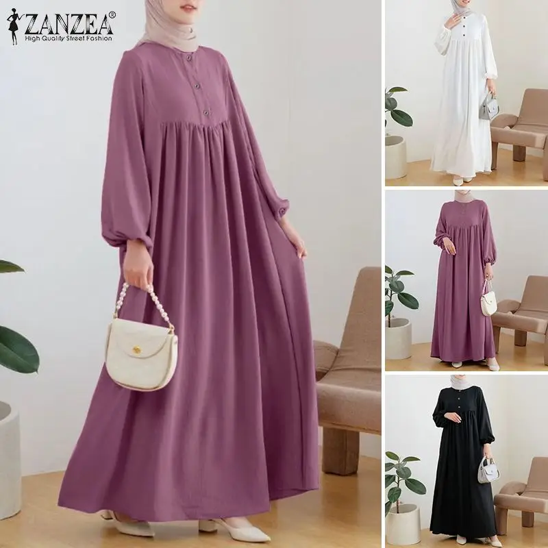 ZANZEA Muslim Fashion Dress Abaya IsIamic Clothing Women Elegant Long Sleeve Party Robe Vestidos Causal Loose Ramadan Sundress