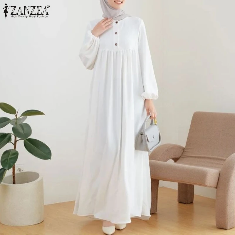 ZANZEA Muslim Fashion Dress Abaya IsIamic Clothing Women Elegant Long Sleeve Party Robe Vestidos Causal Loose Ramadan Sundress