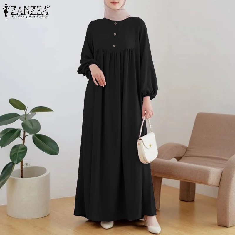 ZANZEA Muslim Fashion Dress Abaya IsIamic Clothing Women Elegant Long Sleeve Party Robe Vestidos Causal Loose Ramadan Sundress