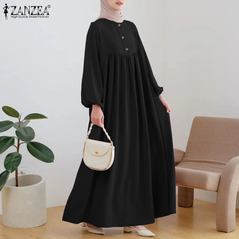 ZANZEA Muslim Fashion Dress Abaya IsIamic Clothing Women Elegant Long Sleeve Party Robe Vestidos Causal Loose Ramadan Sundress