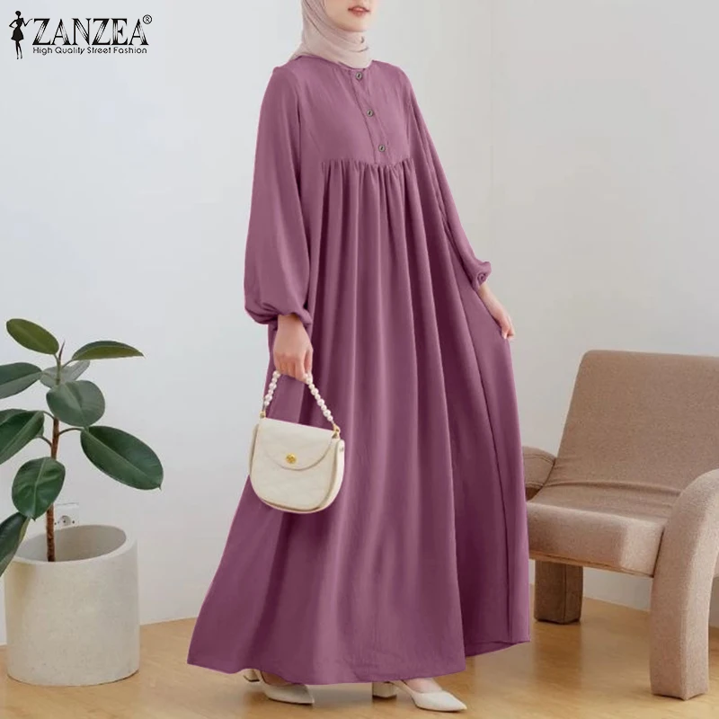 ZANZEA Muslim Fashion Dress Abaya IsIamic Clothing Women Elegant Long Sleeve Party Robe Vestidos Causal Loose Ramadan Sundress