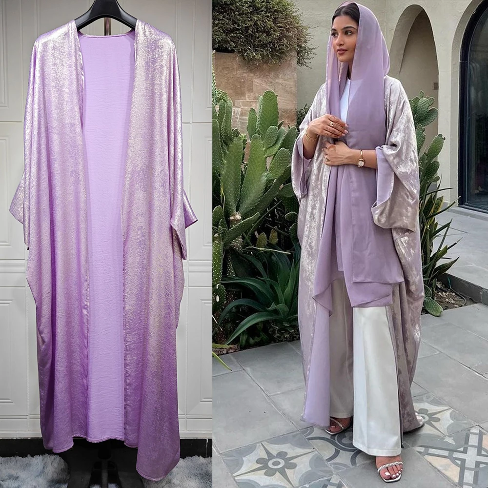 Ramadan Eid Shiny Batwing Satin Open Kimono Abaya Dubai Luxury Muslim Abayas For Women Kaftan Dress Islamic Clothing Femme Robes