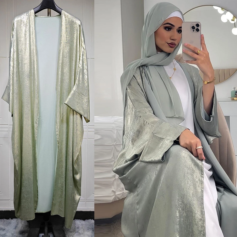 Ramadan Eid Shiny Batwing Satin Open Kimono Abaya Dubai Luxury Muslim Abayas For Women Kaftan Dress Islamic Clothing Femme Robes