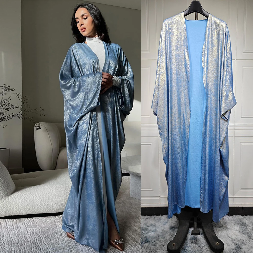 Ramadan Eid Shiny Batwing Satin Open Kimono Abaya Dubai Luxury Muslim Abayas For Women Kaftan Dress Islamic Clothing Femme Robes