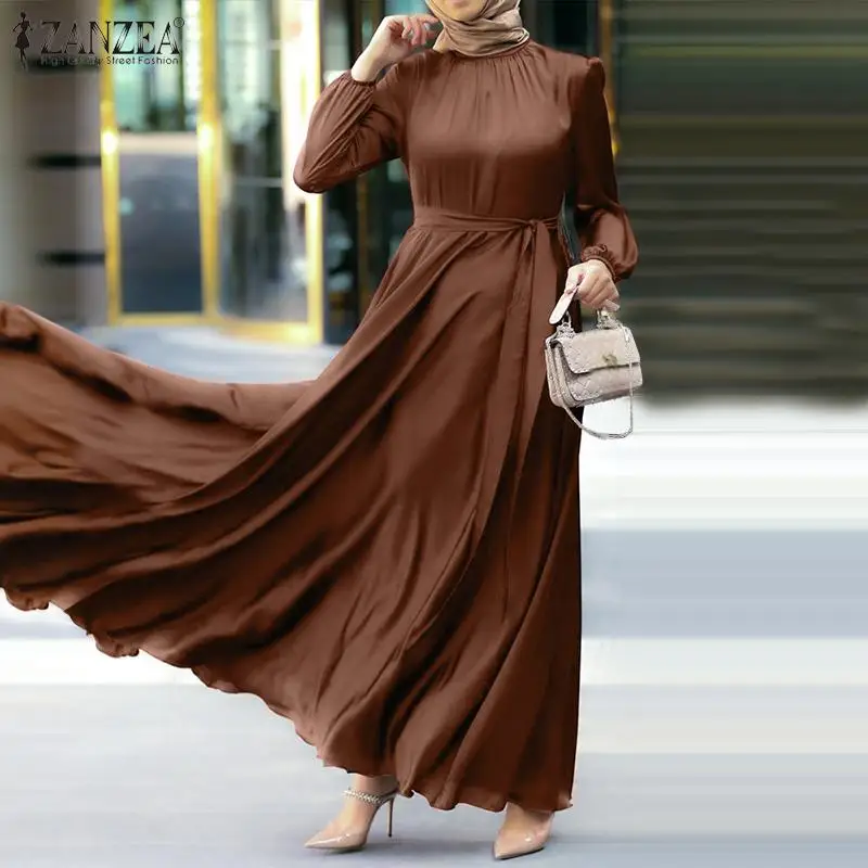 Fashion Muslim Dress Women Satin Party Sundress ZANZEA Puff Sleeve Maxi Vestidos Belted Female Solid Marocain Turkish Robe Femme