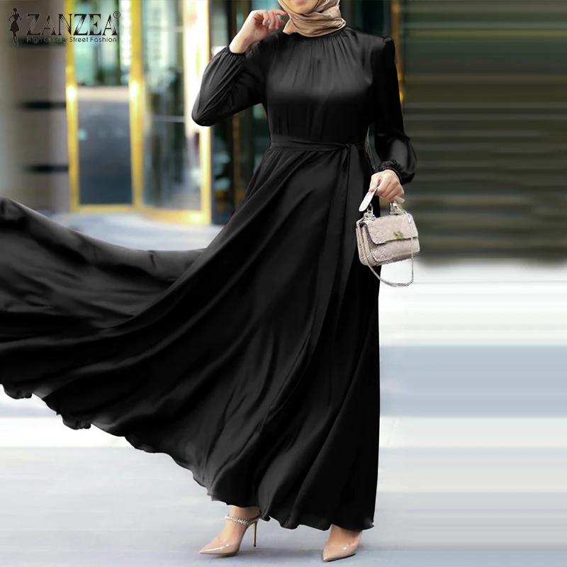 Fashion Muslim Dress Women Satin Party Sundress ZANZEA Puff Sleeve Maxi Vestidos Belted Female Solid Marocain Turkish Robe Femme