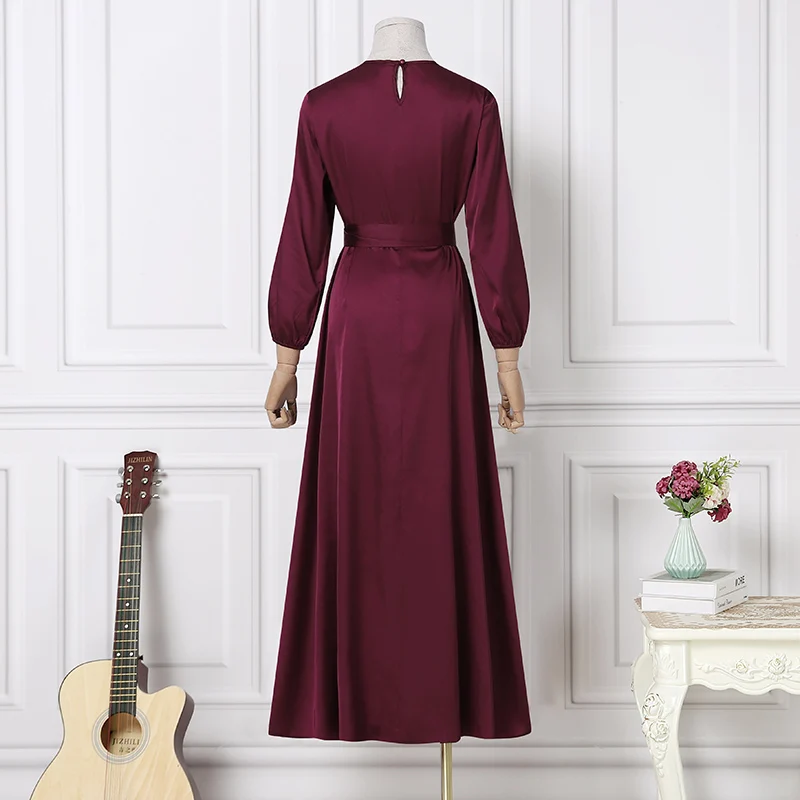 Fashion Muslim Dress Women Satin Party Sundress ZANZEA Puff Sleeve Maxi Vestidos Belted Female Solid Marocain Turkish Robe Femme