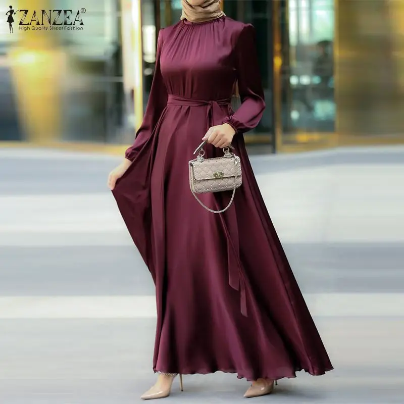 Fashion Muslim Dress Women Satin Party Sundress ZANZEA Puff Sleeve Maxi Vestidos Belted Female Solid Marocain Turkish Robe Femme