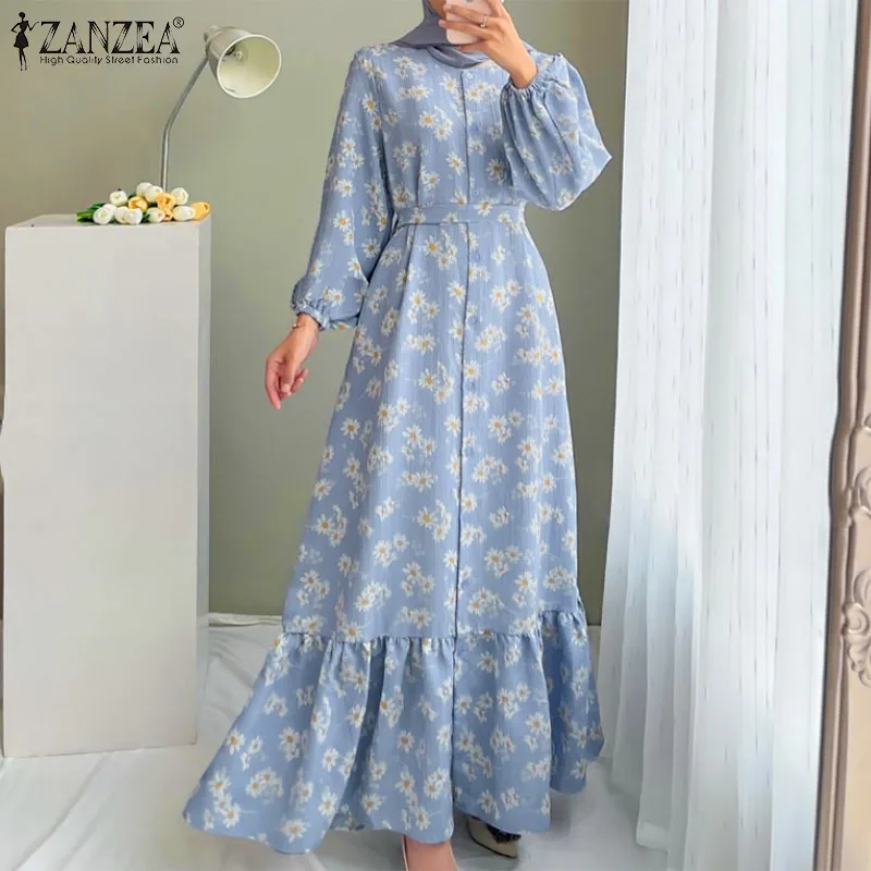 2023 ZANZEA Women Bohemian Floral Printed Maxi Dress Autumn Long Sleeve Muslim Abaya Sundress Vintage Ruffles Islamic Clothing