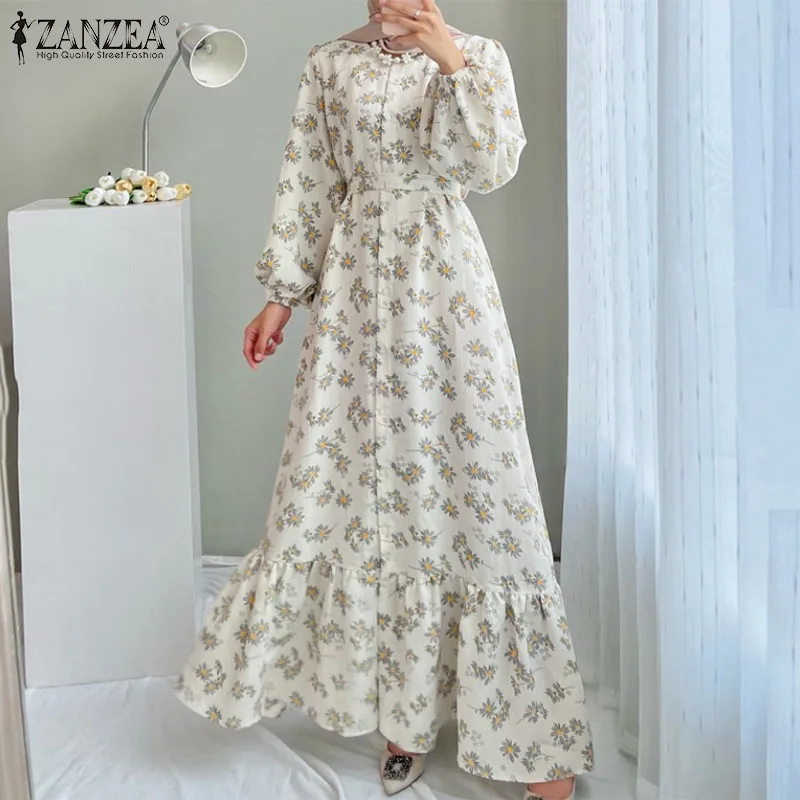 2023 ZANZEA Women Bohemian Floral Printed Maxi Dress Autumn Long Sleeve Muslim Abaya Sundress Vintage Ruffles Islamic Clothing