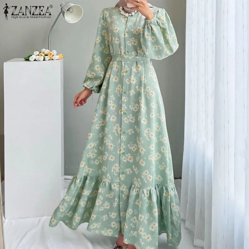 2023 ZANZEA Women Bohemian Floral Printed Maxi Dress Autumn Long Sleeve Muslim Abaya Sundress Vintage Ruffles Islamic Clothing