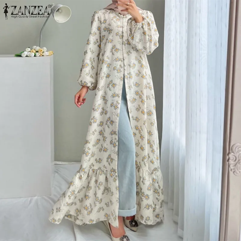 2023 ZANZEA Women Bohemian Floral Printed Maxi Dress Autumn Long Sleeve Muslim Abaya Sundress Vintage Ruffles Islamic Clothing