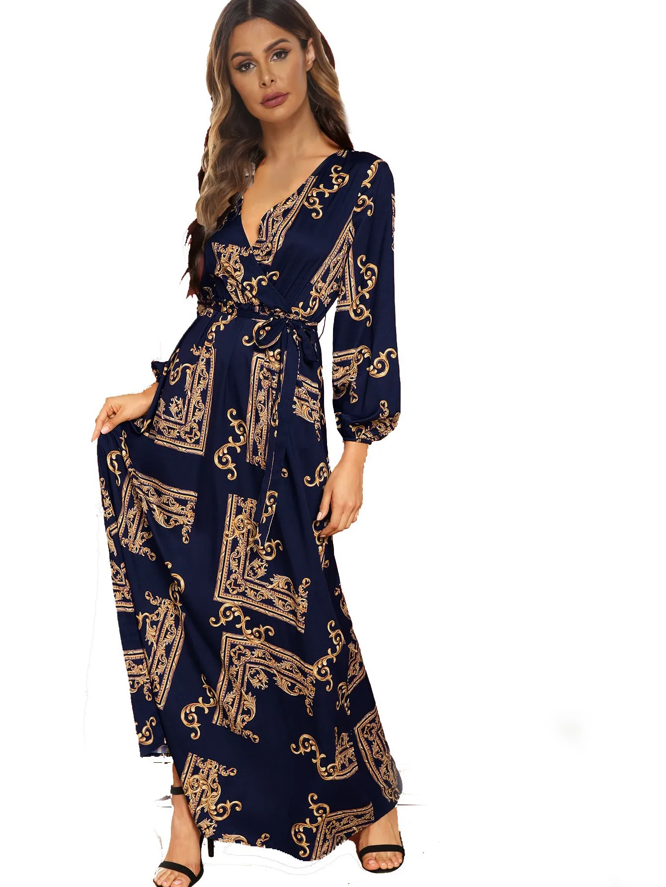 Women Eid Muslim Dresses V Neck Lantern Sleeve Morocco Ramadan Long Robe Print Party Dress Kaftan Arab Belt Vestidos Slim