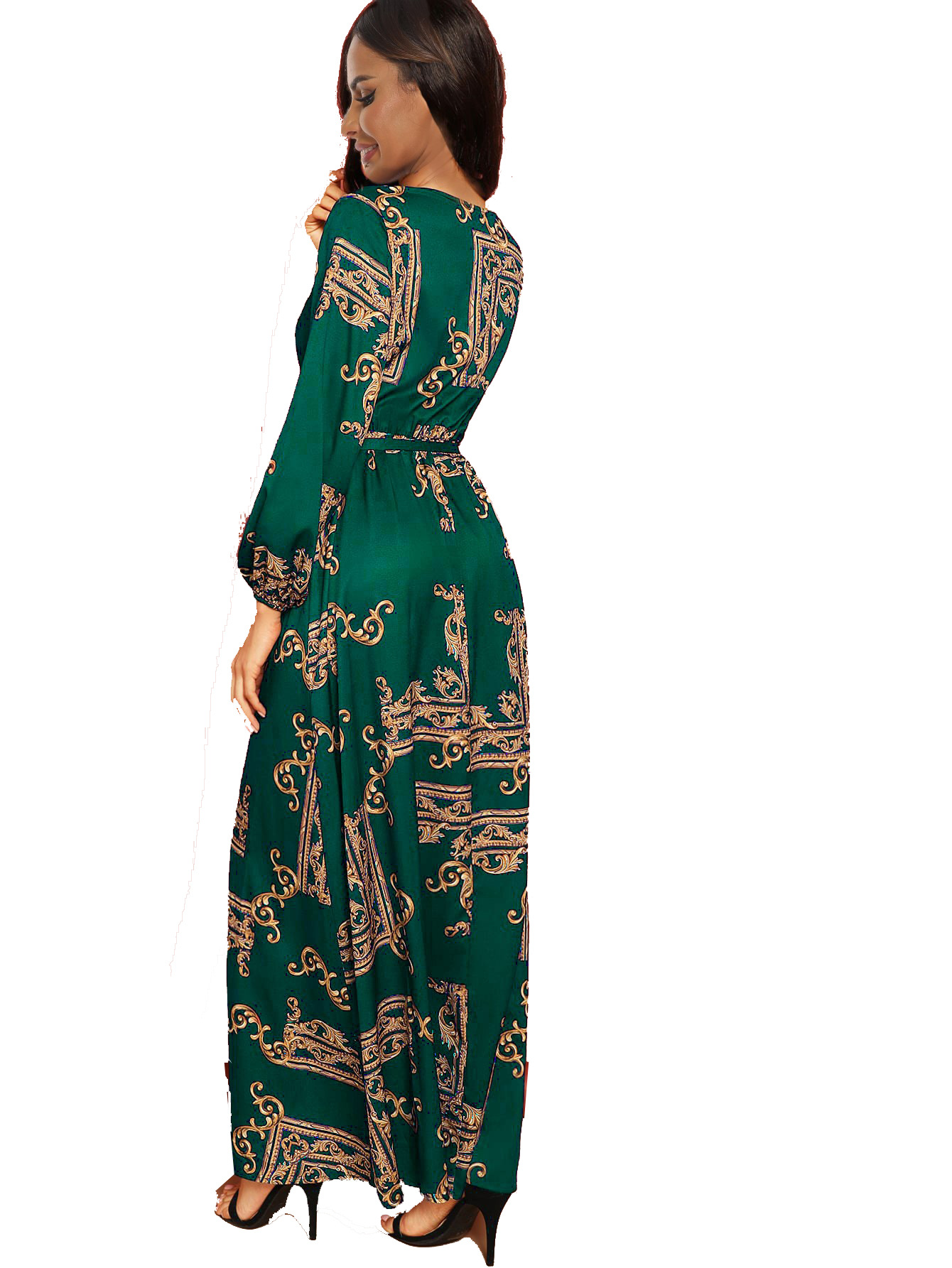 Women Eid Muslim Dresses V Neck Lantern Sleeve Morocco Ramadan Long Robe Print Party Dress Kaftan Arab Belt Vestidos Slim